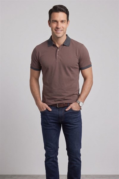 Comfort Fit Rahat Kalıp %100 Pamuk Kıvrılmaz Yaka Lacivert Kahverengi Polo Yaka Tişört TS 931