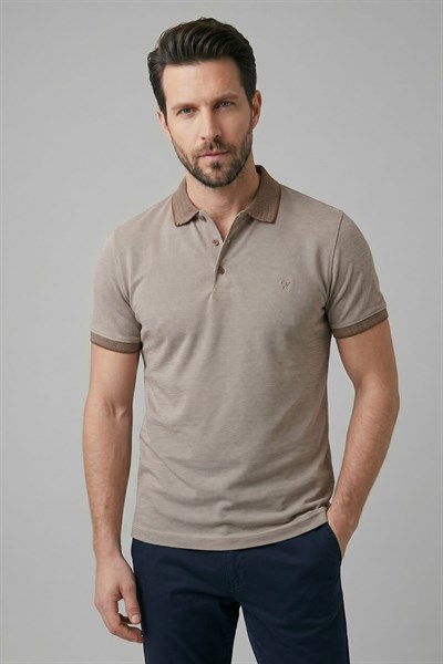 Comfort Fit Rahat Kalıp %100 Pamuk Kıvrılmaz Yaka Ekru-Vizon Polo Yaka Tişört TS 931