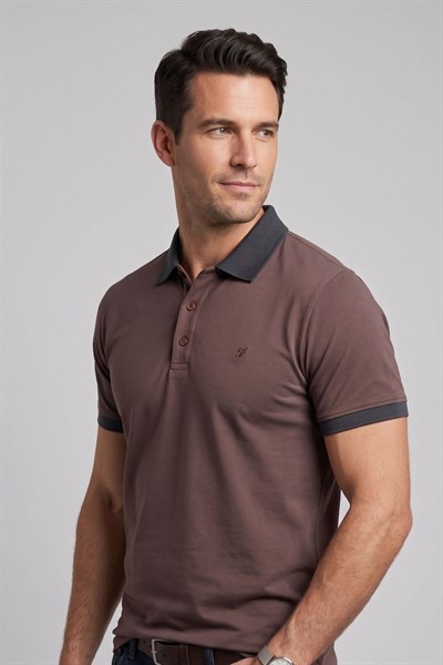 Comfort Fit Rahat Kalıp %100 Pamuk Kıvrılmaz Yaka Lacivert Kahverengi Polo Yaka Tişört TS 931