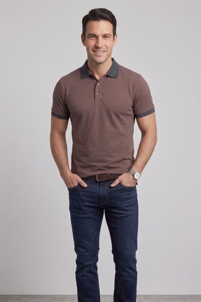 Comfort Fit Rahat Kalıp %100 Pamuk Kıvrılmaz Yaka Lacivert Kahverengi Polo Yaka Tişört TS 931