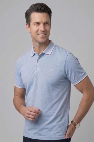 Comfort Fit Rahat Kalıp %100 Pamuk Kıvrılmaz Yaka Mavi Polo Yaka Tişört TS 931