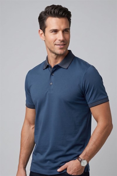 Comfort Fit Rahat Kalıp %100 Pamuk Kıvrılmaz Yaka İndigo Lacivert Polo Yaka Tişört TS 931