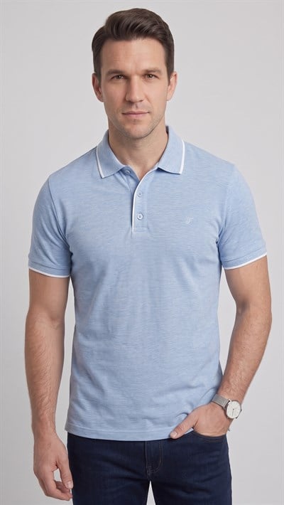 Comfort Fit Rahat Kalıp %100 Pamuk Kıvrılmaz Yaka Mavi Polo Yaka Tişört TS 931