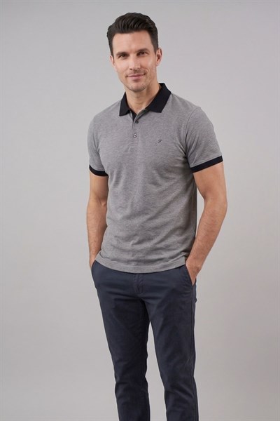 Comfort Fit Rahat Kalıp %100 Pamuk Kıvrılmaz Yaka Gri Siyah Polo Yaka Tişört TS 931