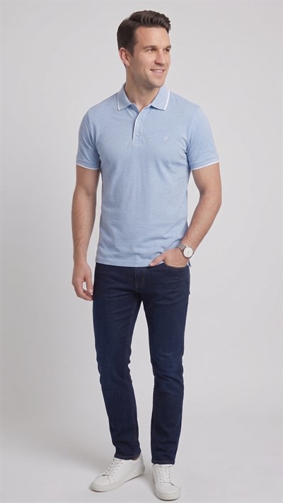 Comfort Fit Rahat Kalıp %100 Pamuk Kıvrılmaz Yaka Mavi Polo Yaka Tişört TS 931