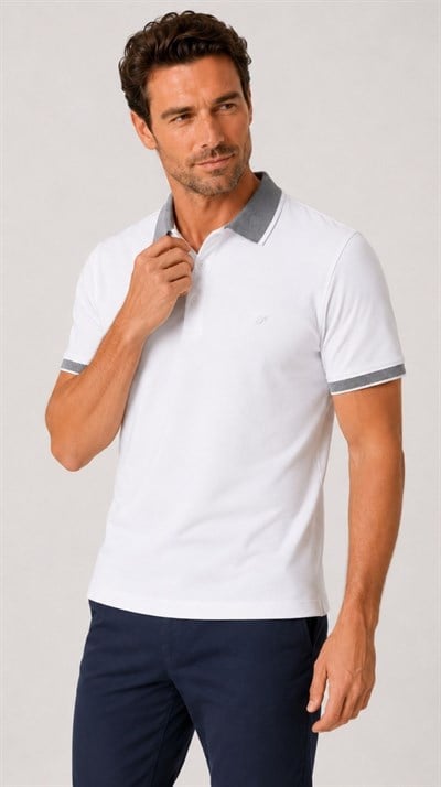 Comfort Fit Rahat Kalıp %100 Pamuk Kıvrılmaz Yaka Beyaz Polo Yaka Tişört TS 931