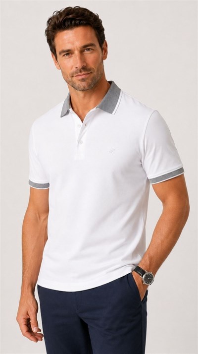 Comfort Fit Rahat Kalıp %100 Pamuk Kıvrılmaz Yaka Beyaz Polo Yaka Tişört TS 931