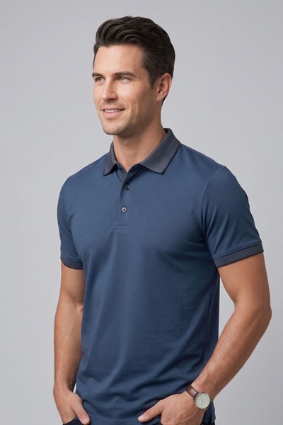 Comfort Fit Rahat Kalıp %100 Pamuk Kıvrılmaz Yaka İndigo Lacivert Polo Yaka Tişört TS 931