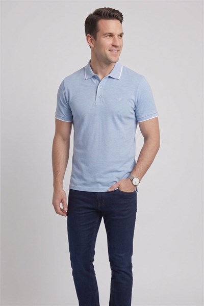 Comfort Fit Rahat Kalıp %100 Pamuk Kıvrılmaz Yaka Mavi Polo Yaka Tişört TS 931