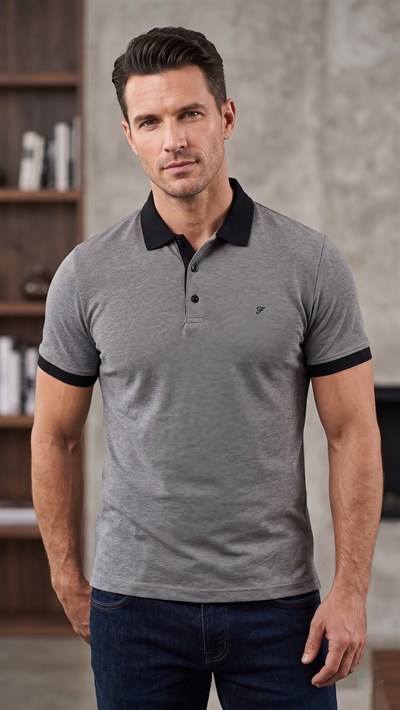 Comfort Fit Rahat Kalıp %100 Pamuk Kıvrılmaz Yaka Gri Siyah Polo Yaka Tişört TS 931
