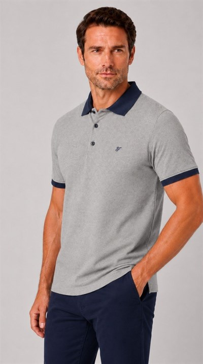 Comfort Fit Rahat Kalıp %100 Pamuk Kıvrılmaz Yaka Bej Lacivert Polo Yaka Tişört TS 931
