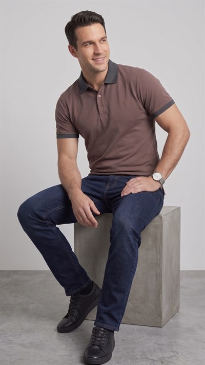 Comfort Fit Rahat Kalıp %100 Pamuk Kıvrılmaz Yaka Lacivert Kahverengi Polo Yaka Tişört TS 931