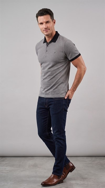 Comfort Fit Rahat Kalıp %100 Pamuk Kıvrılmaz Yaka Gri Siyah Polo Yaka Tişört TS 931