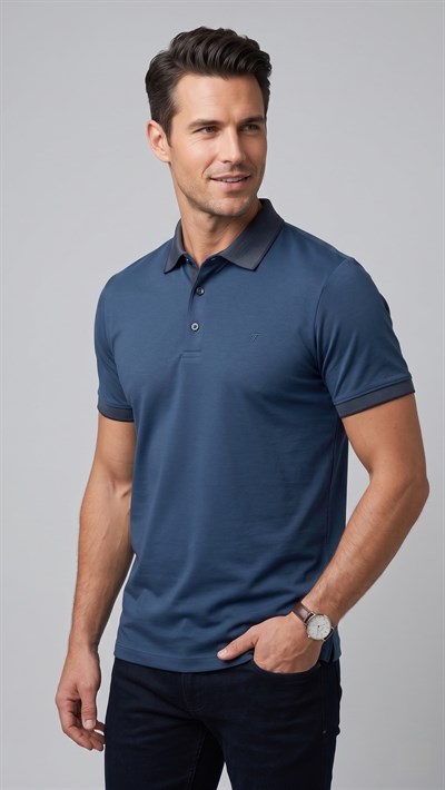 Comfort Fit Rahat Kalıp %100 Pamuk Kıvrılmaz Yaka İndigo Lacivert Polo Yaka Tişört TS 931