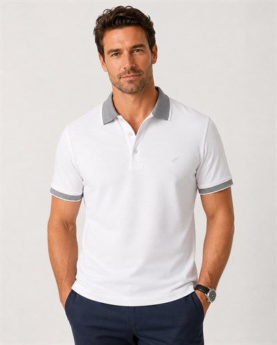 Comfort Fit Rahat Kalıp %100 Pamuk Kıvrılmaz Yaka Beyaz Polo Yaka Tişört TS 931