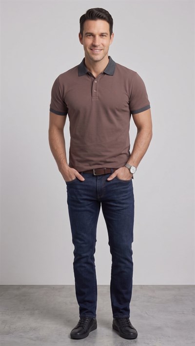Comfort Fit Rahat Kalıp %100 Pamuk Kıvrılmaz Yaka Lacivert Kahverengi Polo Yaka Tişört TS 931