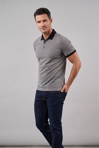Comfort Fit Rahat Kalıp %100 Pamuk Kıvrılmaz Yaka Gri Siyah Polo Yaka Tişört TS 931