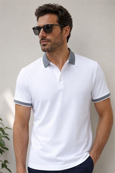 Comfort Fit Rahat Kalıp %100 Pamuk Kıvrılmaz Yaka Beyaz Polo Yaka Tişört TS 931