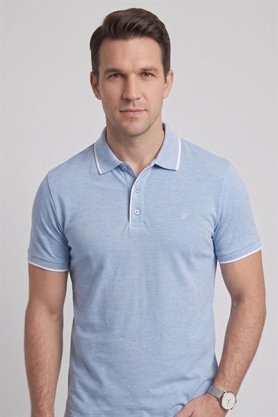 Comfort Fit Rahat Kalıp %100 Pamuk Kıvrılmaz Yaka Mavi Polo Yaka Tişört TS 931
