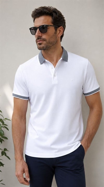 Comfort Fit Rahat Kalıp %100 Pamuk Kıvrılmaz Yaka Beyaz Polo Yaka Tişört TS 931