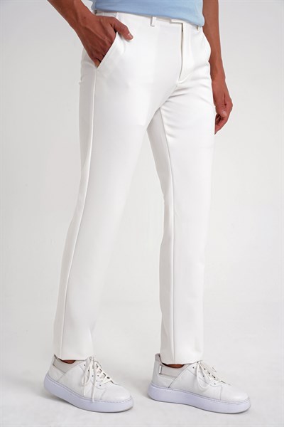 Comfort Fit Rahat Kalıp Beli Lastikli Esnek Pamuklu Beyaz Jogger Pantolon P 1195