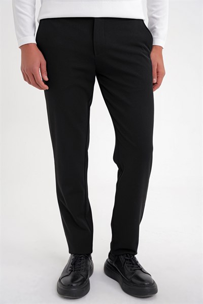 Comfort Fit Rahat Kalıp Beli Lastikli Esnek Pamuklu Düz Siyah Pantolon P 1200
