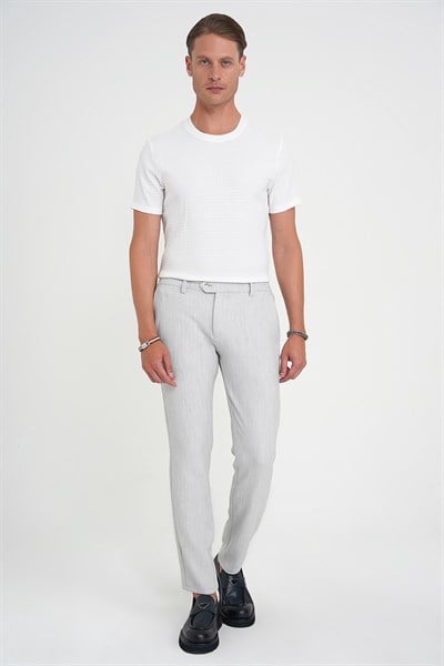 Comfort Fit Rahat Kalıp Beli Lastikli Balıksırtı Desen Açık Gri Pantolon P 1175