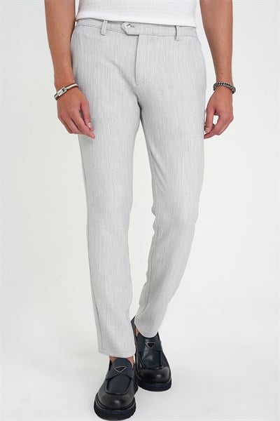 Comfort Fit Rahat Kalıp Beli Lastikli Balıksırtı Desen Açık Gri Pantolon P 1175