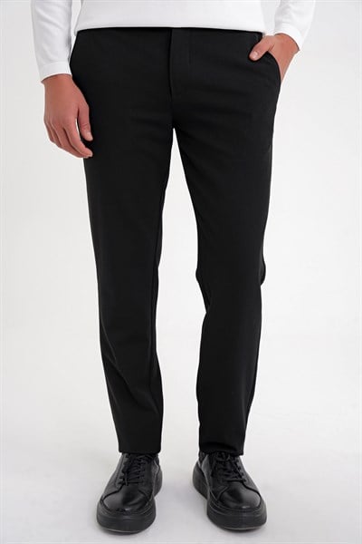 Comfort Fit Rahat Kalıp Beli Lastikli Esnek Pamuklu Düz Siyah Pantolon P 1200