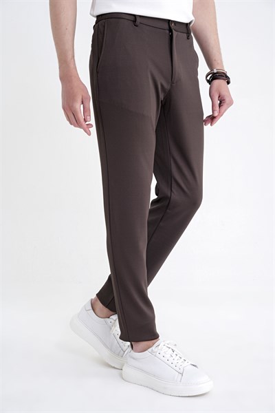 Comfort Fit Rahat Kalıp Beli Lastikli Armürlü Dokuma Esnek Pamuklu Kahverengi Jogger Pantolon P 1217