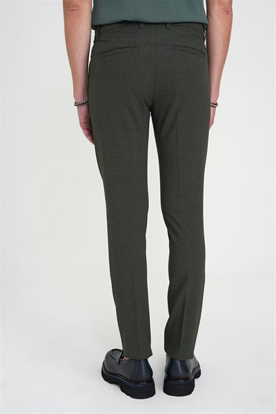 Comfort Fit Rahat Kalıp Beli Lastikli Tek Pileli Pötikare Dokulu Yeşil Pantolon P 1193