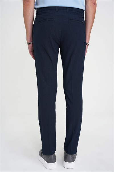 Comfort Fit Rahat Kalıp Beli Lastikli Tek Pileli Pötikare Dokulu Lacivert Pantolon P 1193