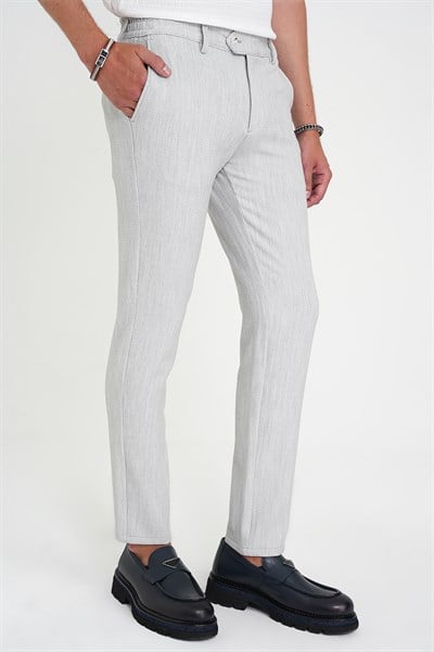 Comfort Fit Rahat Kalıp Beli Lastikli Balıksırtı Desen Açık Gri Pantolon P 1175
