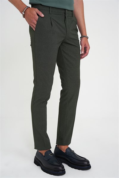 Comfort Fit Rahat Kalıp Beli Lastikli Tek Pileli Pötikare Dokulu Yeşil Pantolon P 1193