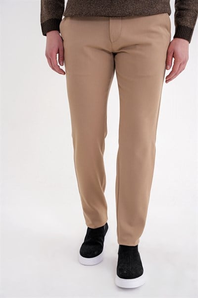 Comfort Fit Rahat Kalıp Beli Lastikli Esnek Pamuklu Düz Bej Pantolon P 1200