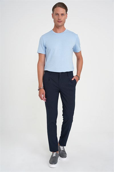 Comfort Fit Rahat Kalıp Beli Lastikli Tek Pileli Pötikare Dokulu Lacivert Pantolon P 1193