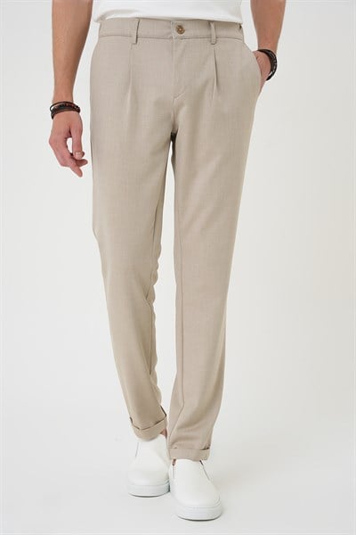 Comfort Fit Rahat Kalıp Beli Lastikli Pileli Bej Jogger Pantolon  P 1182