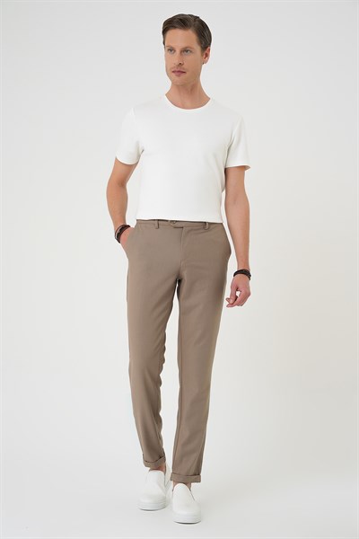 Comfort Fit Rahat Kalıp Beli Lastikli Dokulu Koyu Bej Jogger Pantolon  P 1186