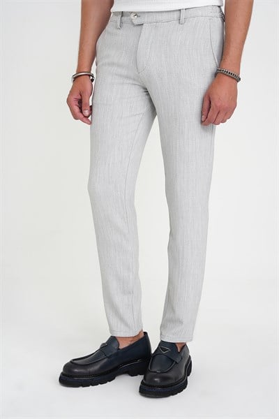 Comfort Fit Rahat Kalıp Beli Lastikli Balıksırtı Desen Açık Gri Pantolon P 1175