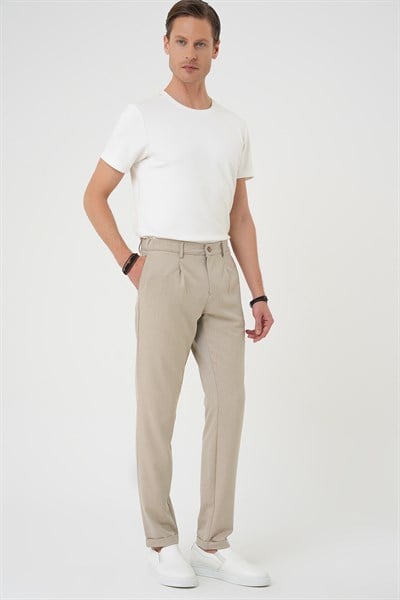 Comfort Fit Rahat Kalıp Beli Lastikli Pileli Bej Jogger Pantolon  P 1182