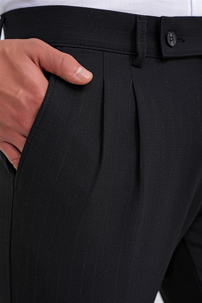 Comfort Fit Rahat Kalıp Çift Pileli Yan Cepli Esnek Yünlü Çizgili Siyah Pantolon P 1204