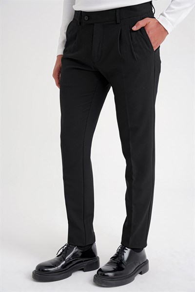 Comfort Fit Rahat Kalıp Çift Pileli Yan Cepli Esnek Yünlü Siyah Pantolon P 1205
