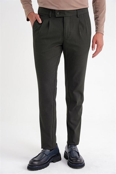 Comfort Fit Rahat Kalıp Çift Pileli Yan Cepli Esnek Yünlü Füme Pantolon P 1205
