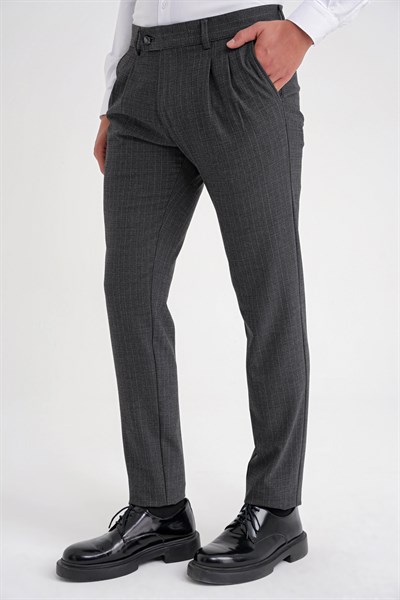 Comfort Fit Rahat Kalıp Çift Pileli Yan Cepli Esnek Yünlü Çizgili Füme Pantolon P 1204