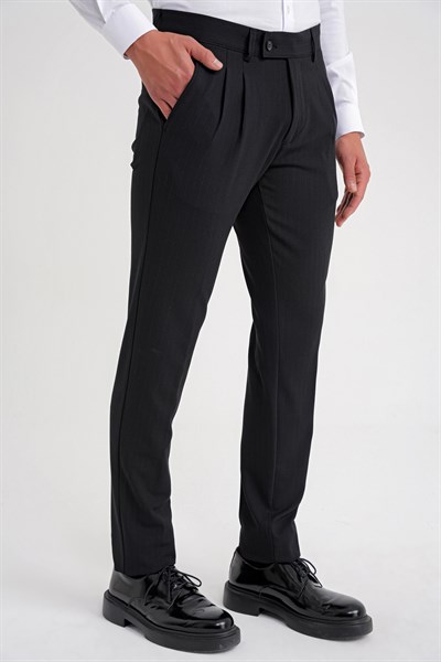 Comfort Fit Rahat Kalıp Çift Pileli Yan Cepli Esnek Yünlü Çizgili Siyah Pantolon P 1204