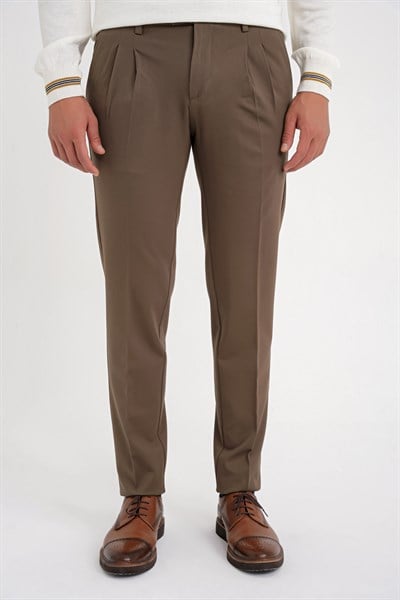 Comfort Fit Rahat Kalıp Çift Pileli Yan Cepli Esnek Pamuklu Tütün Pantolon P 1202