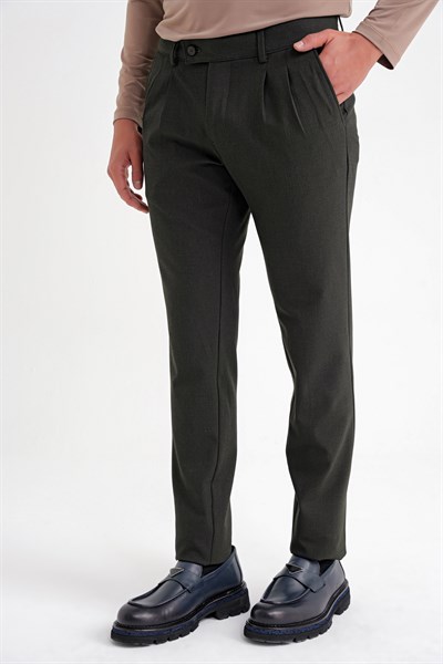 Comfort Fit Rahat Kalıp Çift Pileli Yan Cepli Esnek Yünlü Füme Pantolon P 1205