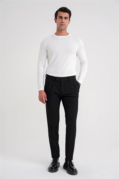 Comfort Fit Rahat Kalıp Çift Pileli Yan Cepli Esnek Yünlü Siyah Pantolon P 1205