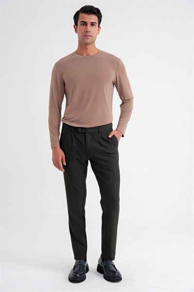 Comfort Fit Rahat Kalıp Çift Pileli Yan Cepli Esnek Yünlü Füme Pantolon P 1205
