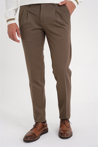 Comfort Fit Rahat Kalıp Çift Pileli Yan Cepli Esnek Pamuklu Tütün Pantolon P 1202